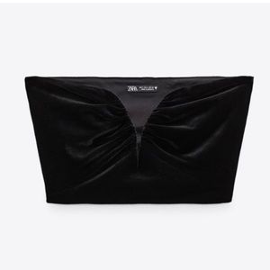 Zara Velvet Black Strapless Crop Top with Deep V Neckline